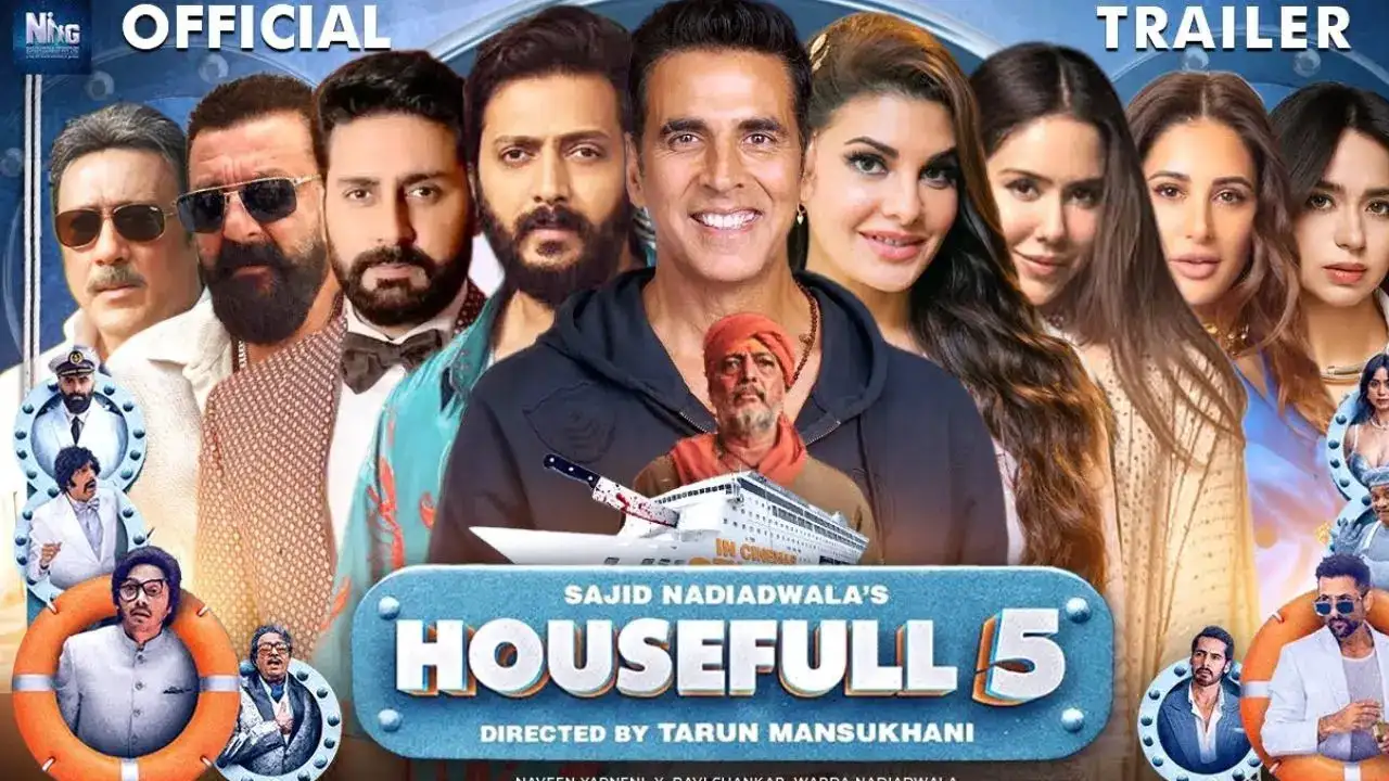 Poster of Housefull 5 showing the main actors in funny poses with a colorful background, giving a feel of comedy and fun